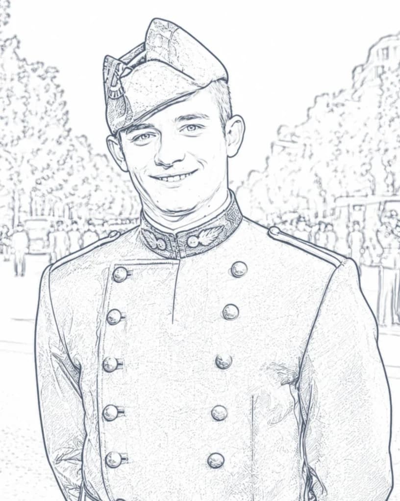 Portrait stylisé du fondateur d'Objectif-X, en tenue de l'École Polytechnique.
